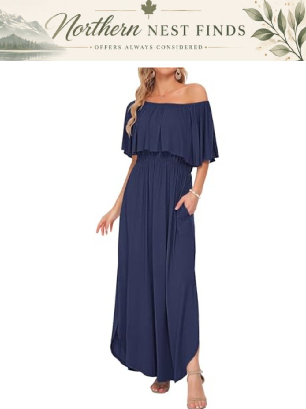 Womens Off Shoulder Ruffle Sleeve Flowy Maxi Dress with Pockets Summer